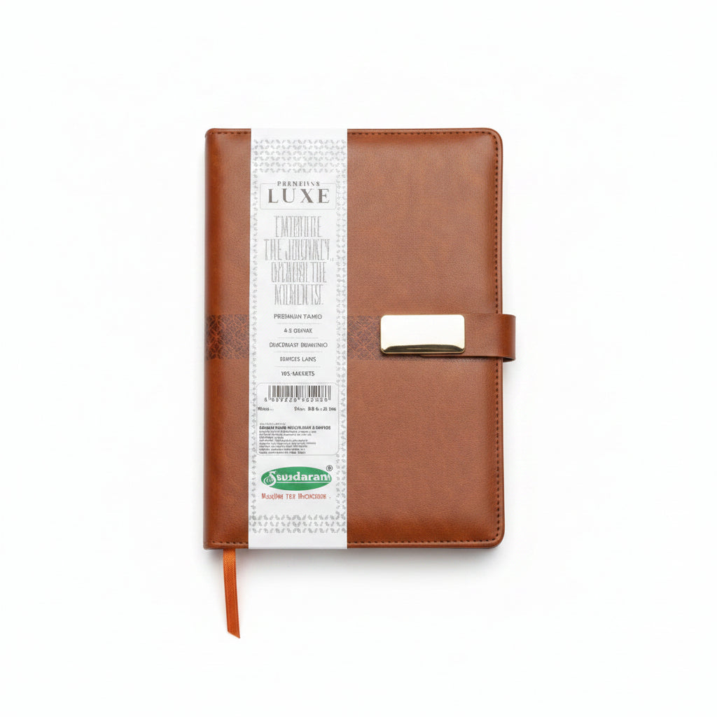A brown faux-leather planner or notebook cover with a white paper band labeled 'LUXE' and a small gold-tone clasp, shown on a plain white background.