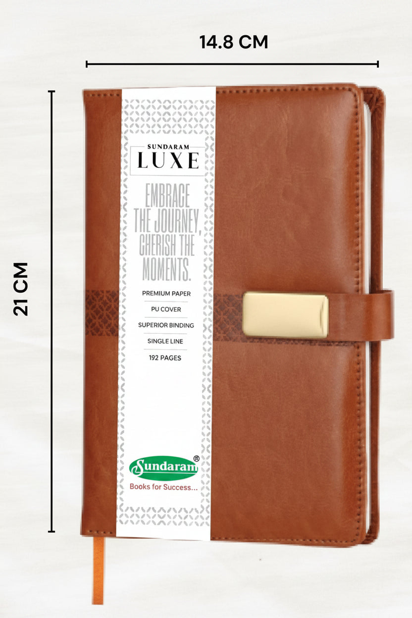 A brown faux-leather planner or notebook cover shown closed with a vertical paper sleeve and a small tab closure. White measurement lines and text indicate dimensions of 14.