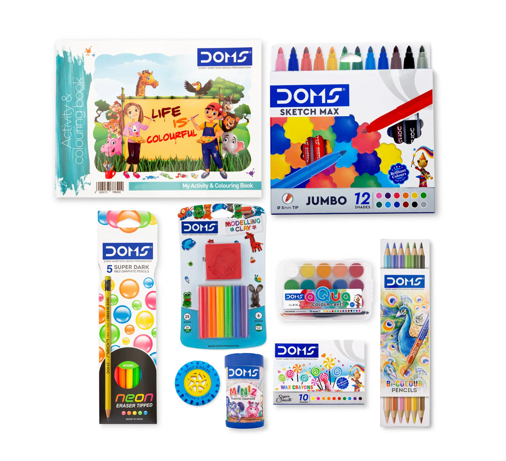 DOMS Junior Art Kit | Comes with a Transparent Zipper Bag | Perfect Value Pack | Kit for School Essentials | Gifting Range for Kids | Combination of 8 Stationery Items