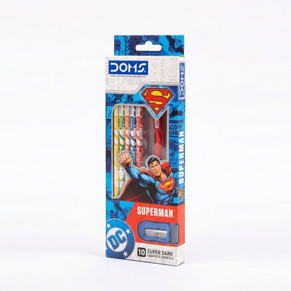 Doms Superman Pencil Kit | 10 Super Dark HB Graphite Pencils with Sharpener & Retractable Eraser | Official Merchandise | School Stationery Set for Writing and Gifting