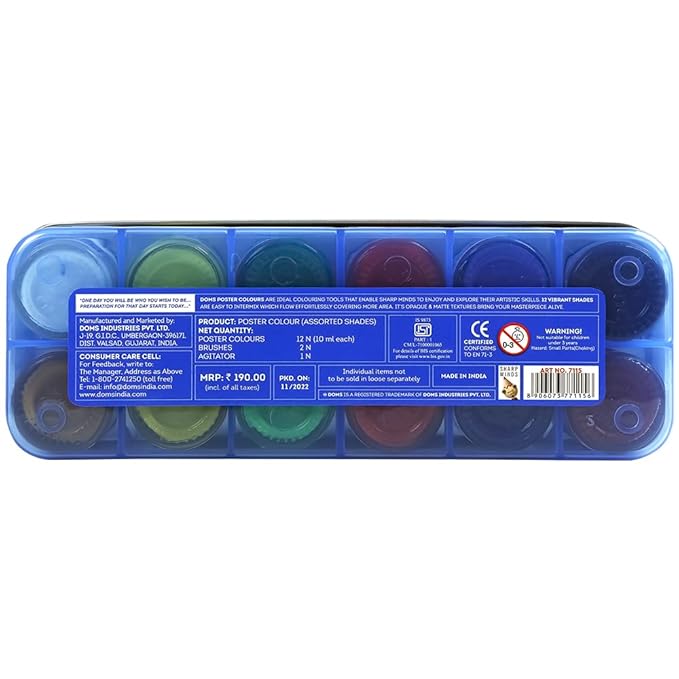 Doms 12 Shades Poster Colours | Rich & Vibrant Colors | Non-Toxic & Safe For Childrens | Free Agigator & Brush Inside For Uniform Mixing | Pack of 1