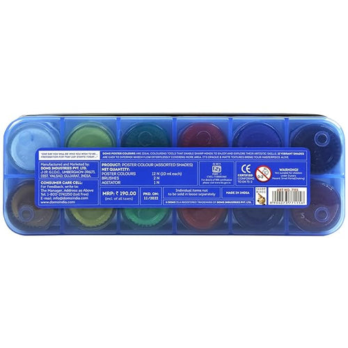 Doms 12 Shades Poster Colours | Rich & Vibrant Colors | Non-Toxic & Safe For Childrens | Free Agigator & Brush Inside For Uniform Mixing | Pack of 1