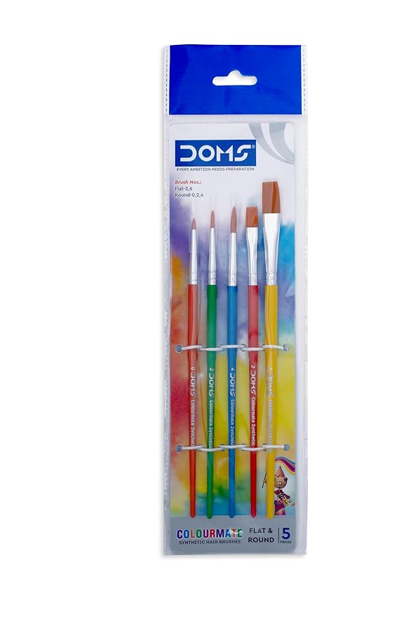 DOMS Colourmate Synthetic Paint Brush Set (Flat & Round) | 5 units in 1 Pack