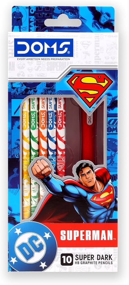 Doms Superman Pencil Kit | 10 Super Dark HB Graphite Pencils with Sharpener & Retractable Eraser | Official Merchandise | School Stationery Set for Writing and Gifting