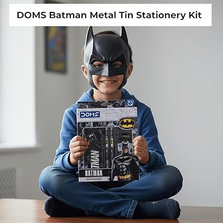 Batman Stationery Kit | Combination of 6 Stationery Product: Tin Compass Box, Graphite Pencils, Sharpener, Eraser, Scale and Wax Crayons | School Essentials for Kids | Official Merchandise
