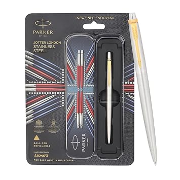 Parker Jotter Ball Pen | Stainless Steel Body with Gold Trim | Ink Color Blue | Premium Click Ballpoint Pen for Smooth Writing, Office, School, or Gifting