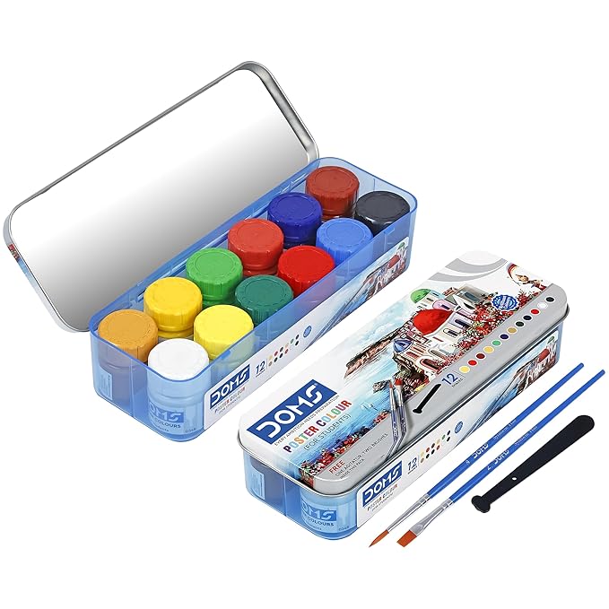 Doms 12 Shades Poster Colours | Rich & Vibrant Colors | Non-Toxic & Safe For Childrens | Free Agigator & Brush Inside For Uniform Mixing | Pack of 1