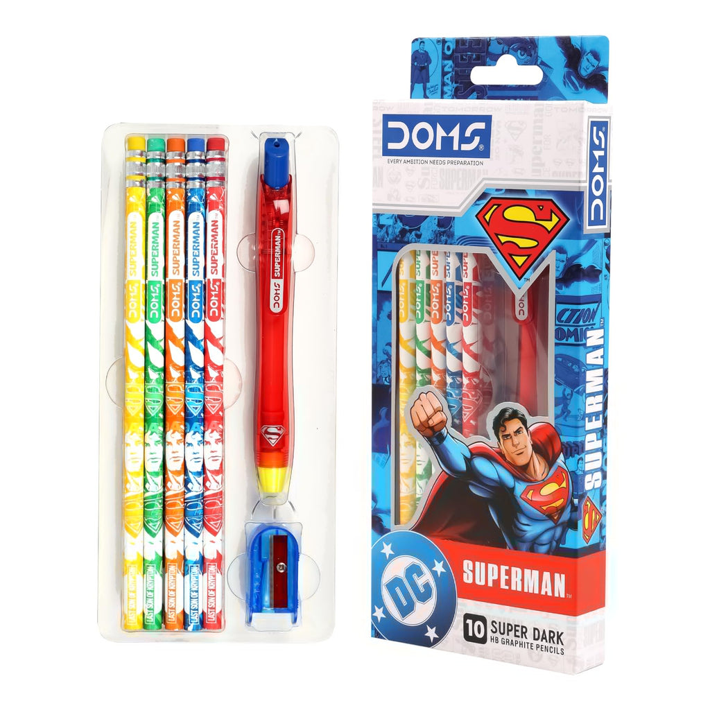 Doms Superman Pencil Kit | 10 Super Dark HB Graphite Pencils with Sharpener & Retractable Eraser | Official Merchandise | School Stationery Set for Writing and Gifting