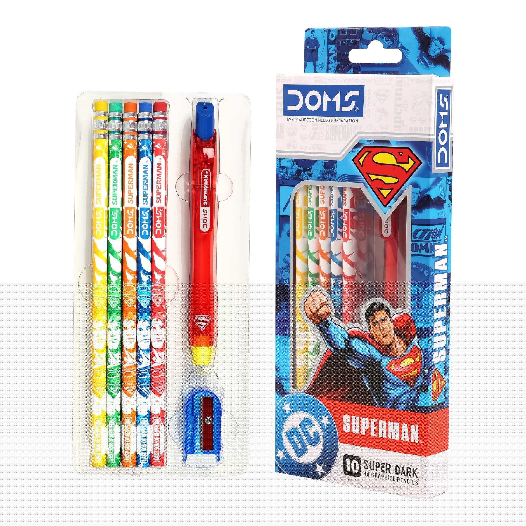Doms Superman Pencil Kit | 10 Super Dark HB Graphite Pencils with Sharpener & Retractable Eraser | Official Merchandise | School Stationery Set for Writing and Gifting