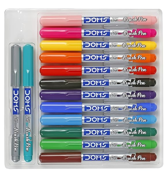 DOMS 14 Shades Brush Pen Box Pack | Super Soft Tip With Brilliant Colors | Water Based Ink Which Gives Water Color Effect | Pack Of 1, Multicolor