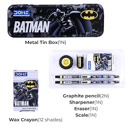 Batman Stationery Kit | Combination of 6 Stationery Product: Tin Compass Box, Graphite Pencils, Sharpener, Eraser, Scale and Wax Crayons | School Essentials for Kids | Official Merchandise