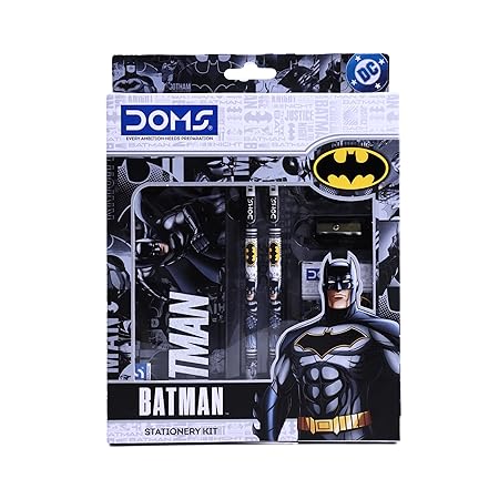 Batman Stationery Kit | Combination of 6 Stationery Product: Tin Compass Box, Graphite Pencils, Sharpener, Eraser, Scale and Wax Crayons | School Essentials for Kids | Official Merchandise