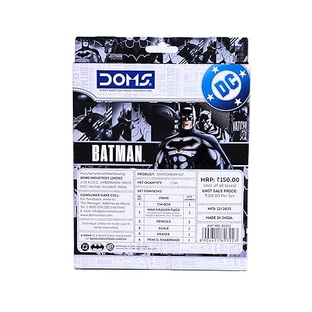 Batman Stationery Kit | Combination of 6 Stationery Product: Tin Compass Box, Graphite Pencils, Sharpener, Eraser, Scale and Wax Crayons | School Essentials for Kids | Official Merchandise