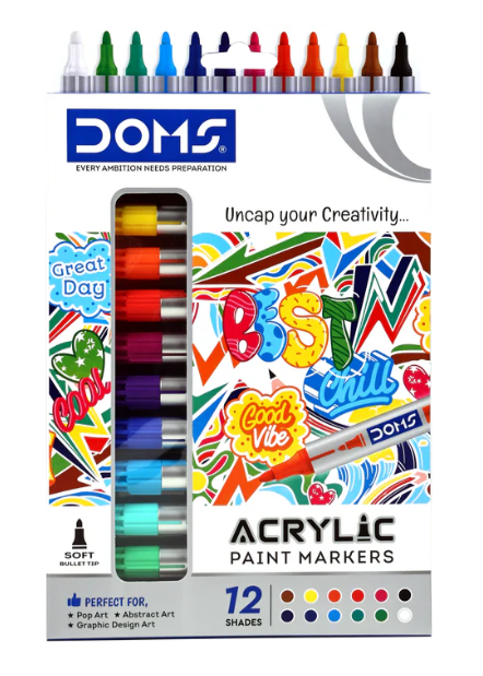 Doms Acrylic Paint Marker- 12 Assorted Shades| Soft Bullet Tip| Bright & Rich Colours| Perfect For Pop, Abstract & Graphic Design Art| Pack of 1
