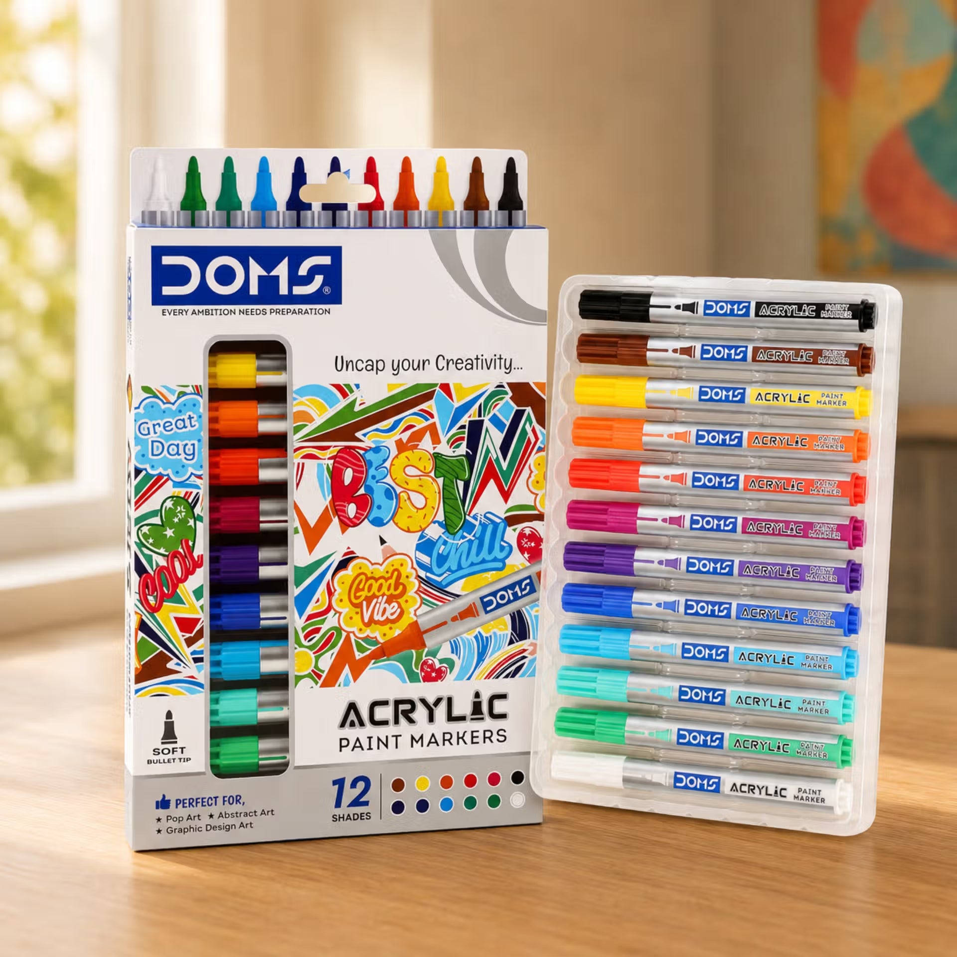 Doms Acrylic Paint Marker- 12 Assorted Shades| Soft Bullet Tip| Bright & Rich Colours| Perfect For Pop, Abstract & Graphic Design Art| Pack of 1